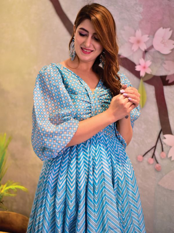 Sky Blue Printed Gown In Cotton With Puffy Sleeves