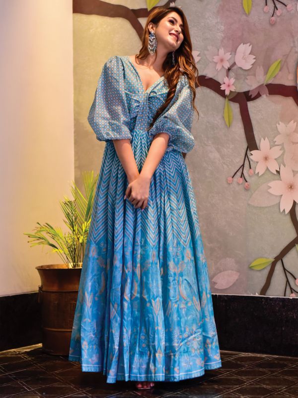 Sky Blue Printed Gown In Cotton With Puffy Sleeves