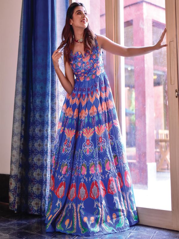 Sky Blue Floor Length Womens Gown With Print