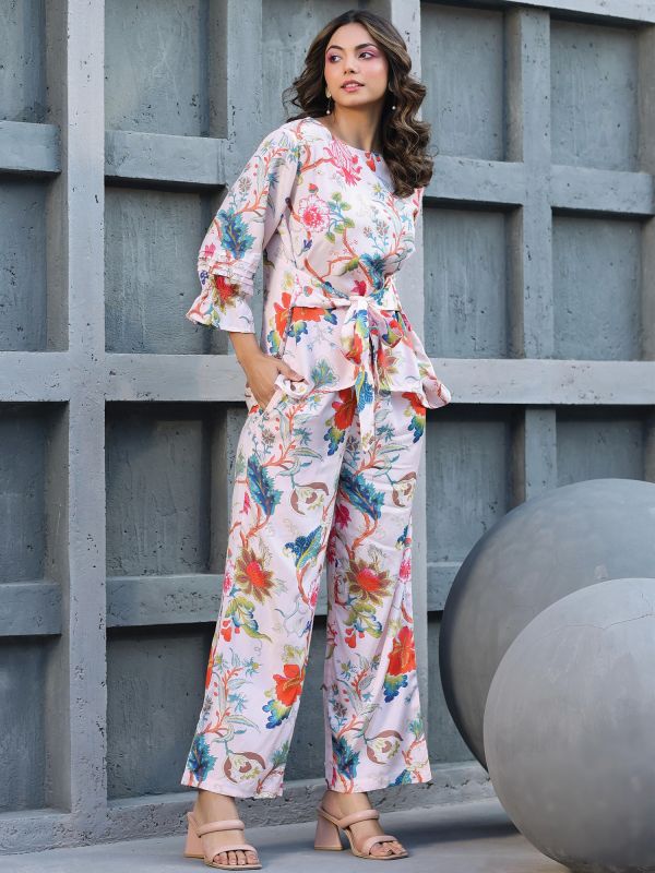 White Floral Printed Co-ords Set For Womens