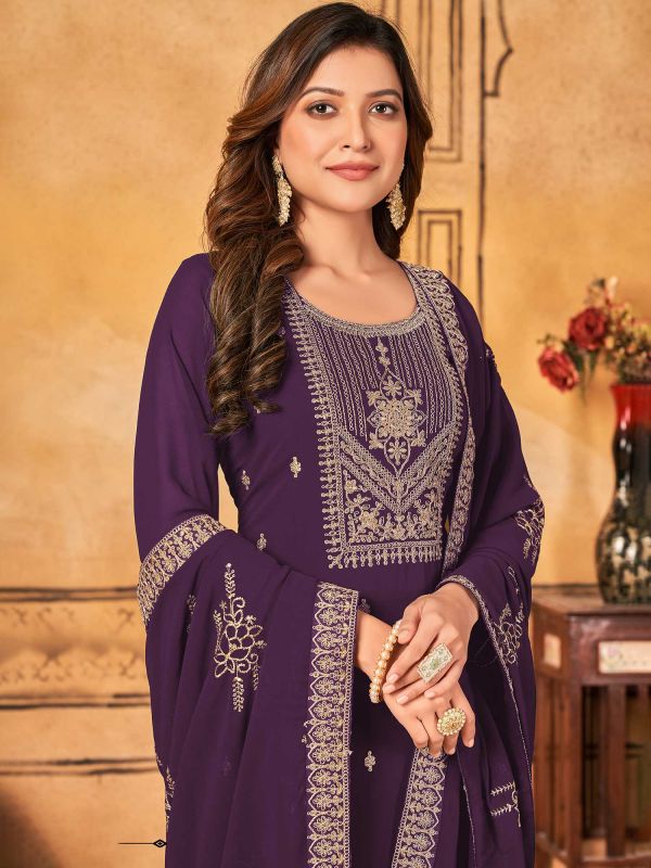 Purple Dori Embroidered Suit In Georgette