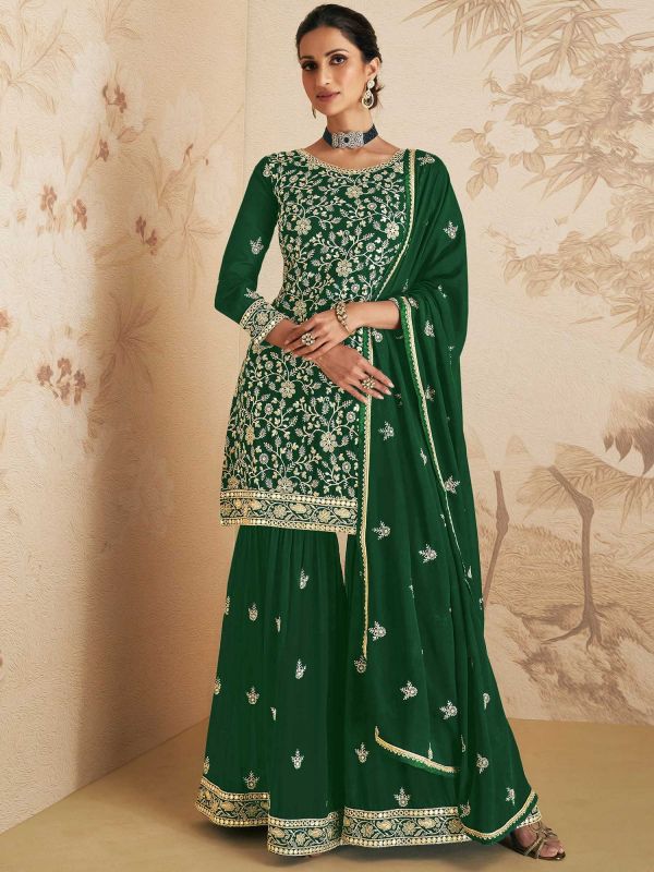 Green Embroidered Sharara Suit In Georgette