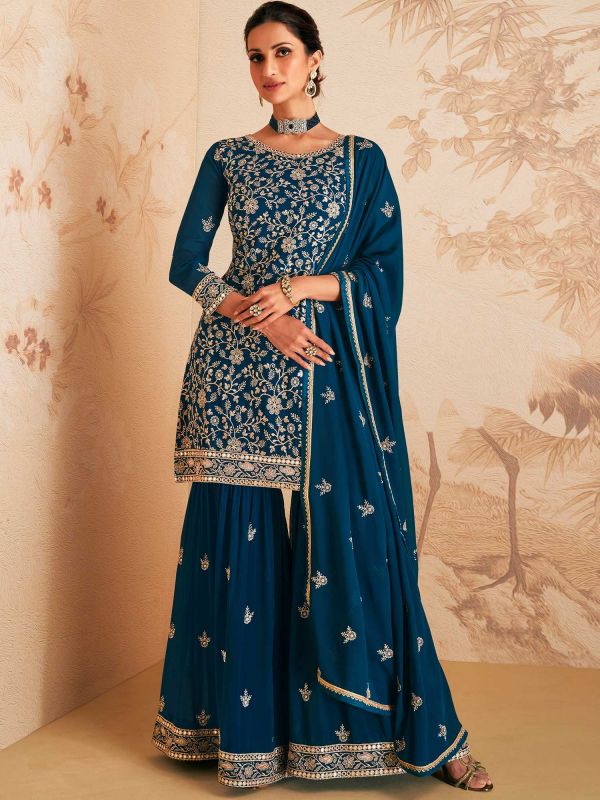 Blue Embroidered Sharara Style Salwar Suit