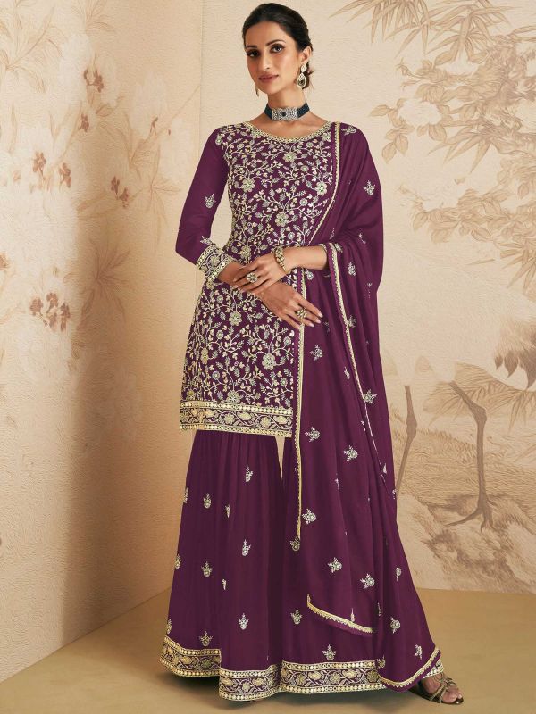 Purple Thread Embroidered Festive Sharara Suit