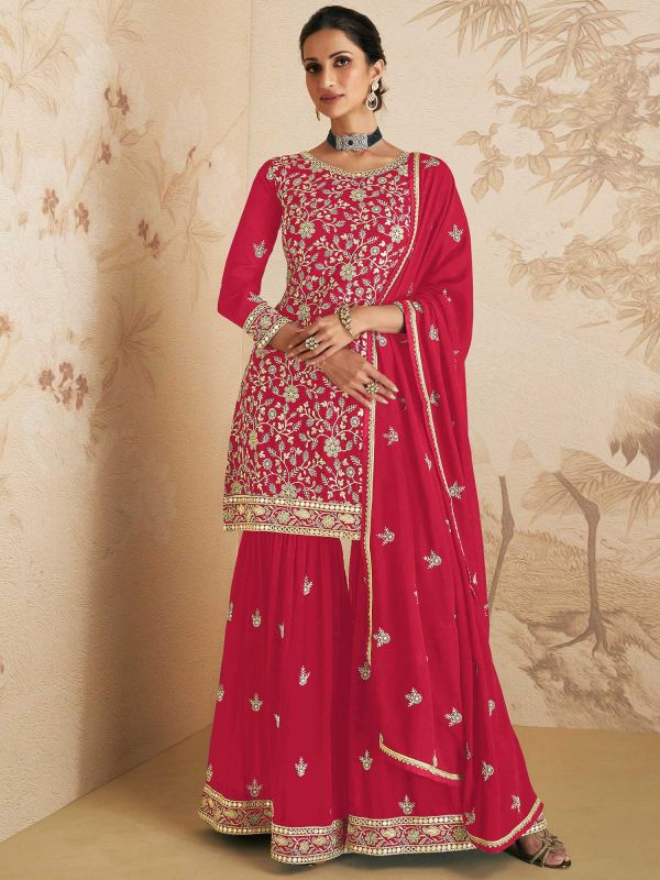 Pink Thread Embroidered Festive Sharara Suit