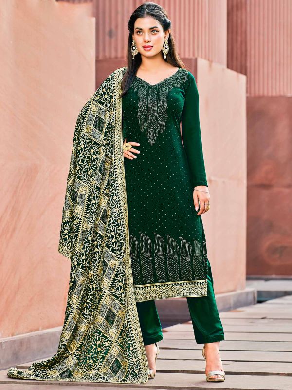 Green Pant Style Suit With Stone Work