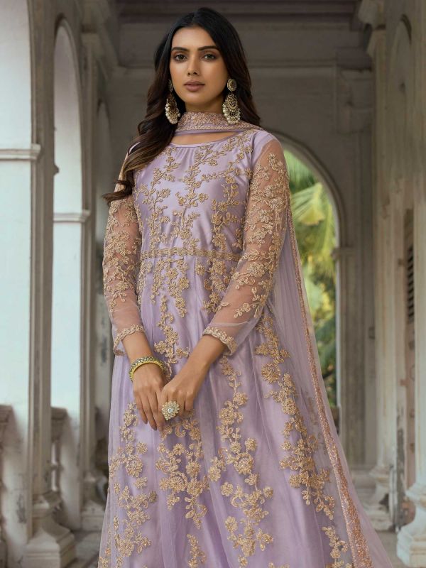 Purple Sequined Anarkali Salwar Suit In Net