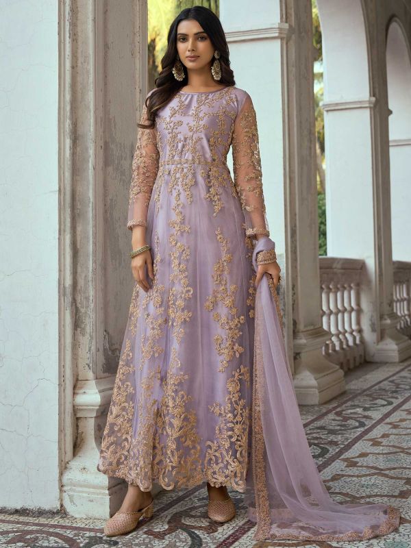 Purple Sequined Anarkali Salwar Suit In Net