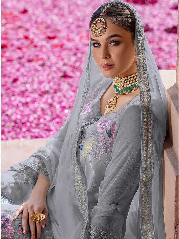 Grey Thread Embroidered Straight Cut Salwar Suit