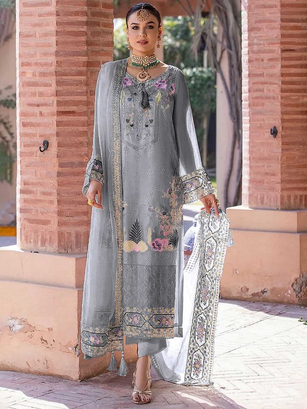 Grey Thread Embroidered Straight Cut Salwar Suit