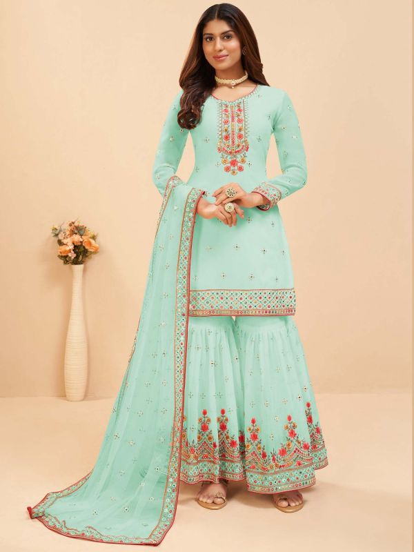 Blue Sequins Embroidered Sharara Suit