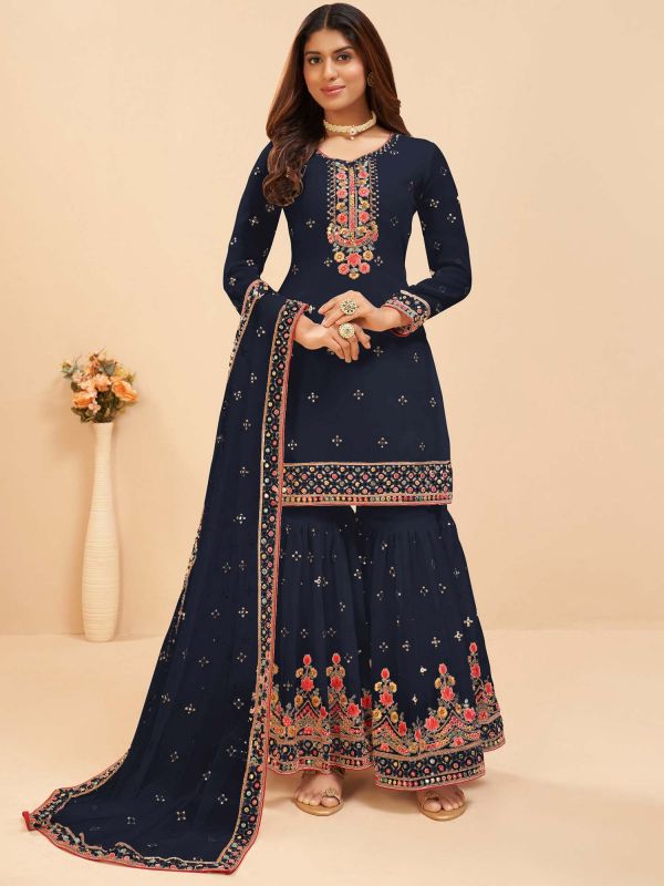 Blue Thread Embroidered Sharara Suit In Georgette