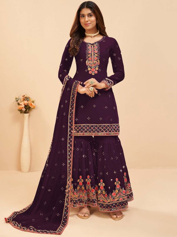 Purple Embroidered Georgette Suit With Dupatta