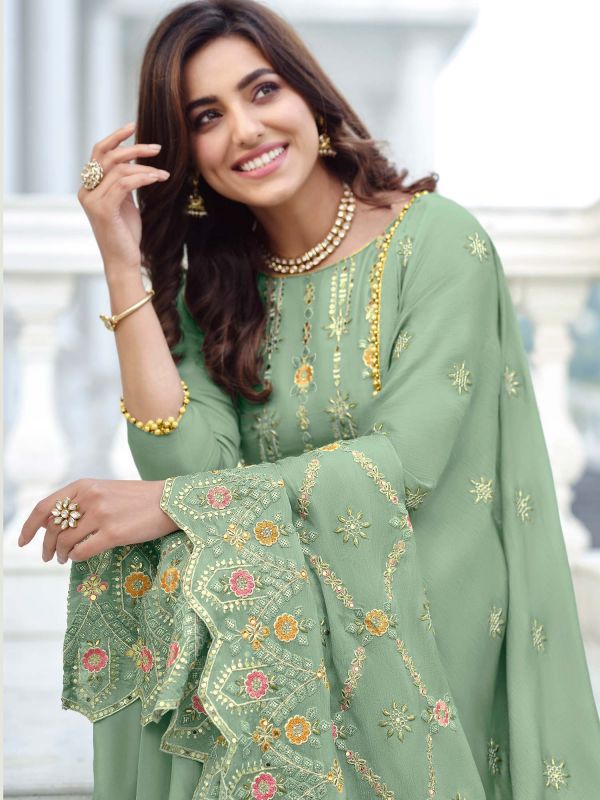 Green Embroidered Georgette Palazzo Style Suit