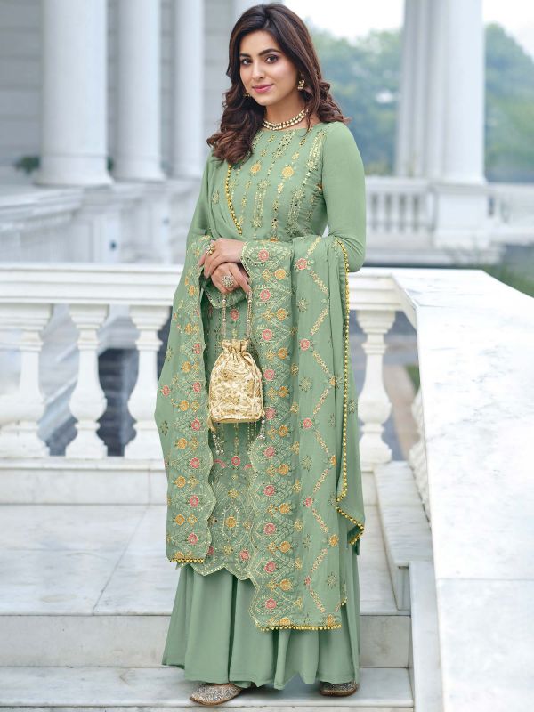 Green Embroidered Georgette Palazzo Style Suit