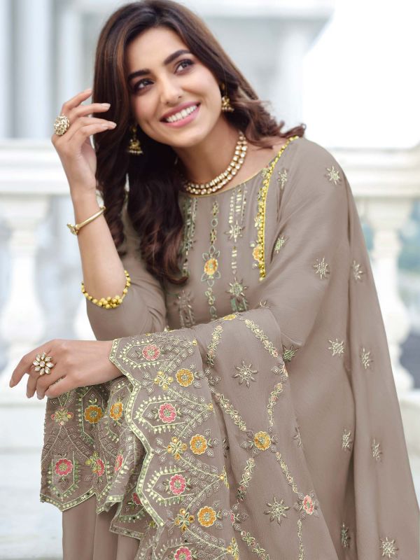 Brown Embroidered Palazzo Style Salwar Kameez
