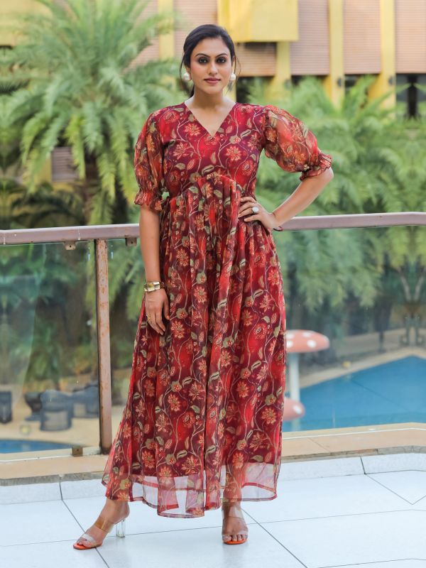 Deep Red Floral Printed Puffy Sleeved Gown
