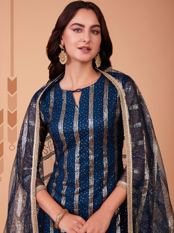 Blue Sequined Salwar Kameez In Net