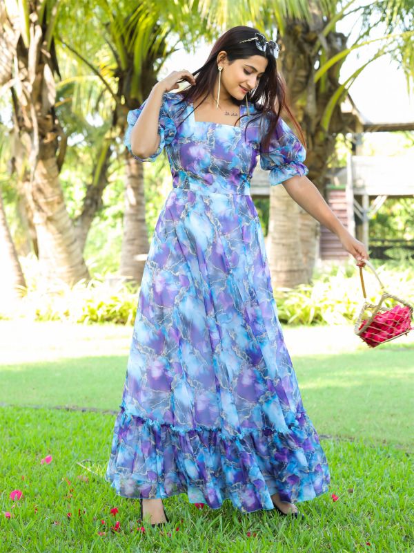 Blue Digital Printed Gown With Puffy Sleeves