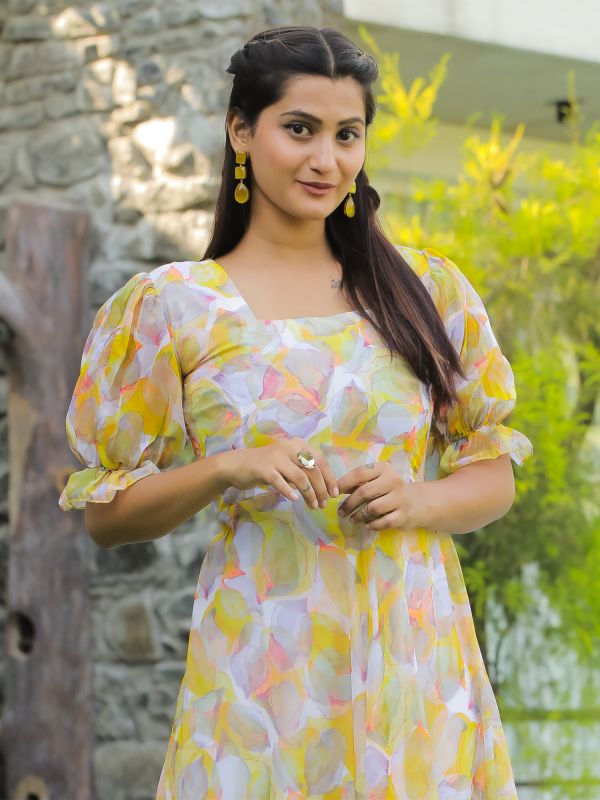 Yellow Full Length Printed Dress In Georgette