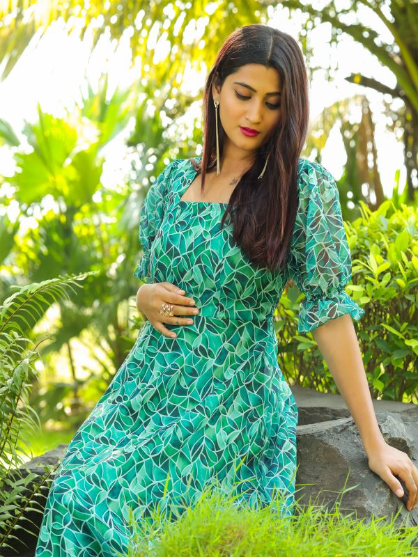 Green Printed Gown In Georegette With Puffy Sleeves