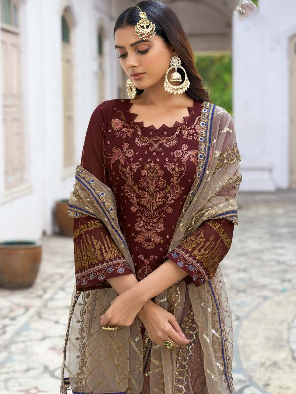 Brown Thread Embroidered Pant Style Salwar Kameez