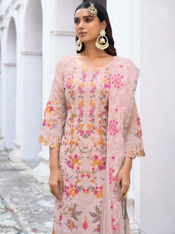 Peach Thread Embroidered Suit In Georgette