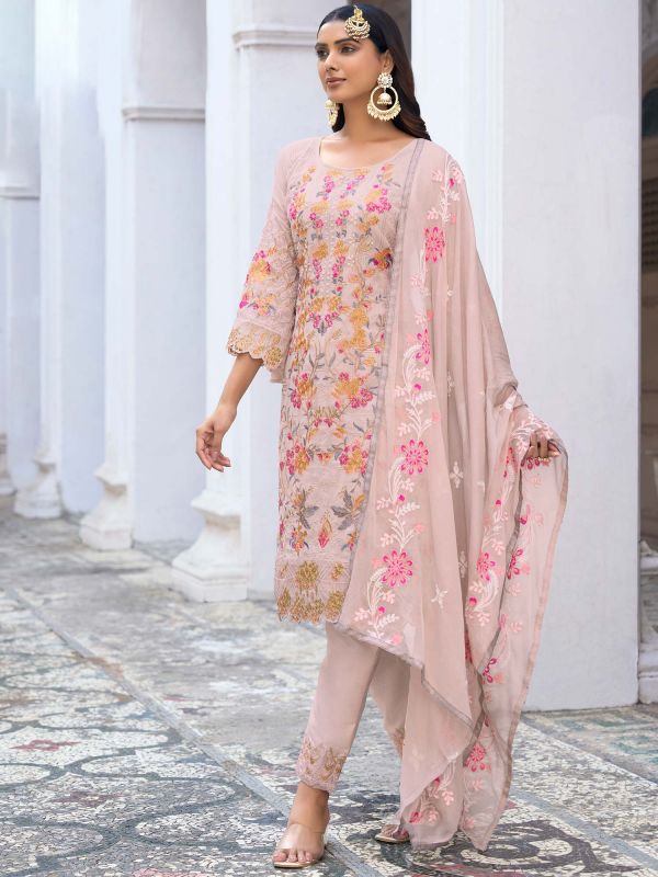 Peach Thread Embroidered Suit In Georgette