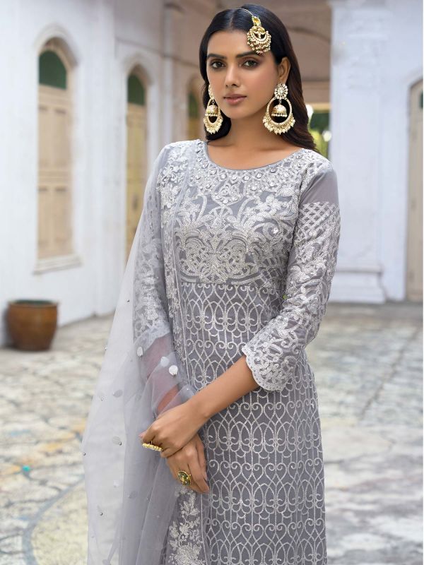 Grey Sequined Pant Style Salwar Kameez