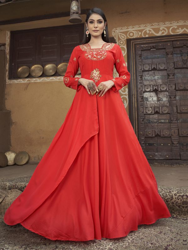 Red Floor Length Womens Gown In Muslin With Flare Style