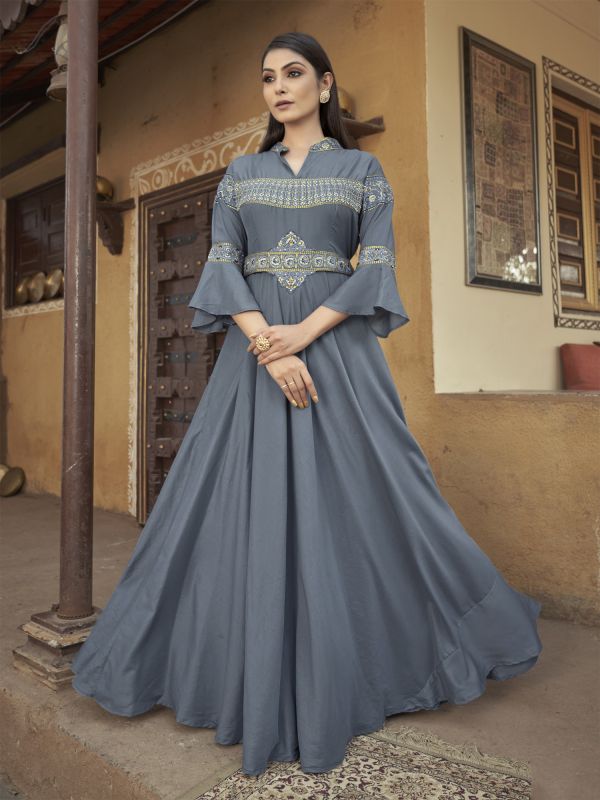 Grey Full Length Gown In Ruffle Sleeves And Flare Style