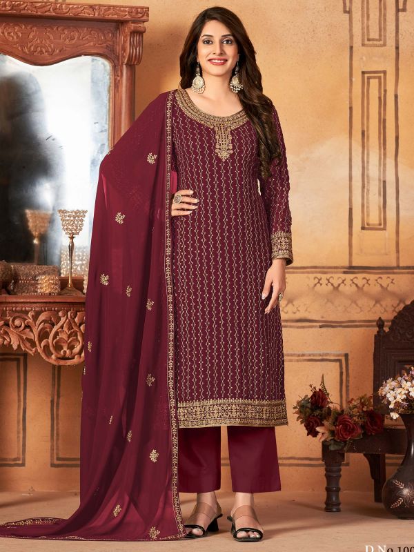 Maroon Straight Cut Salwar Suit With Embroidery