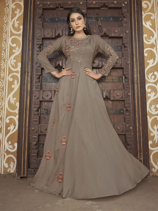 Beige Floor Length Gown In Muslin With Floral Thread Work