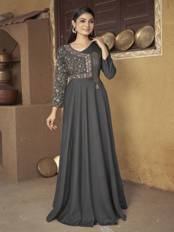 Deep Grey Womens Full Length Gown In Floral Thread Embroidery