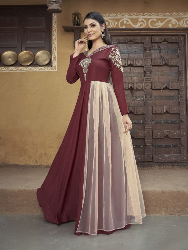 Maroon V Neck Full Sleeved Evening Gown With Floor Length