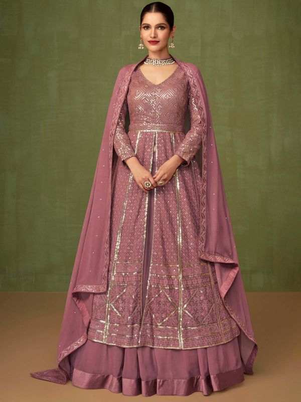 Pink Sequined Indo Western Lehenga Choli In Georgette