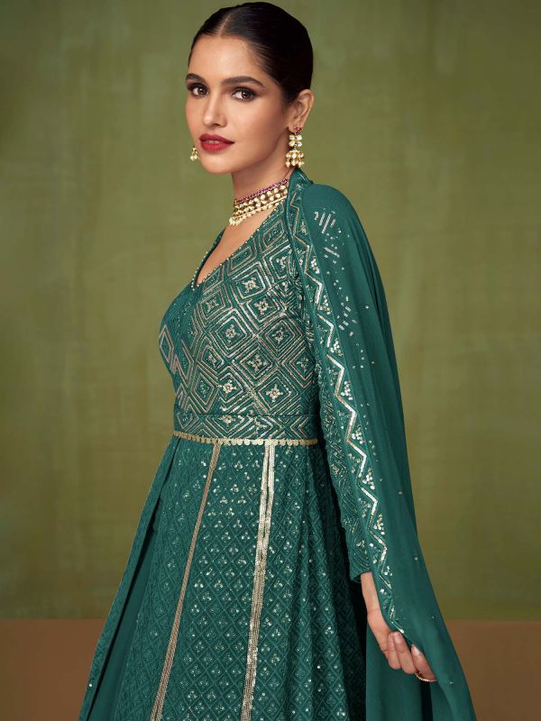 Green Embroidered Georgette Lehenga Choli With Dupatta