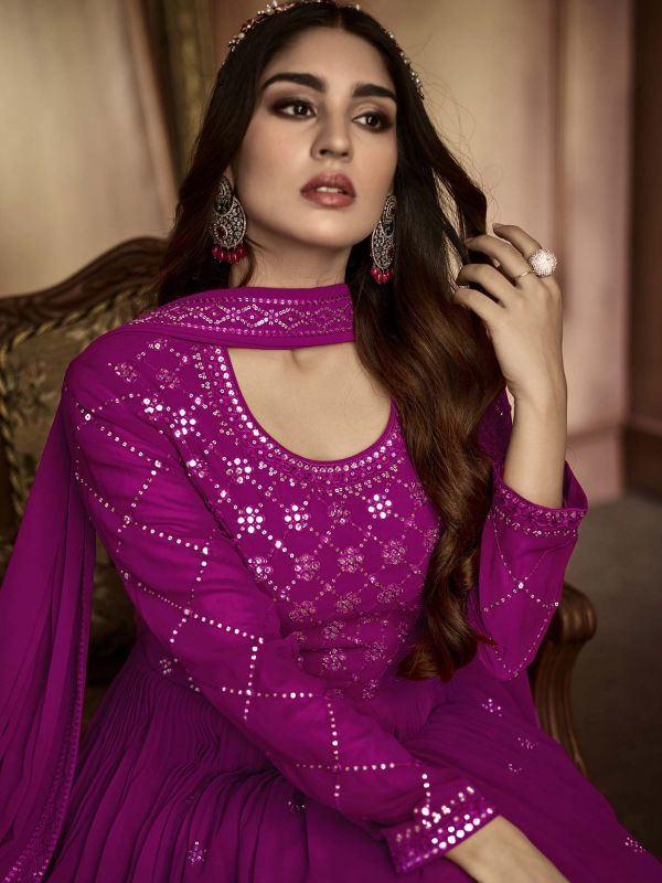 Purple Sequins Work Festive Suit In Georgette