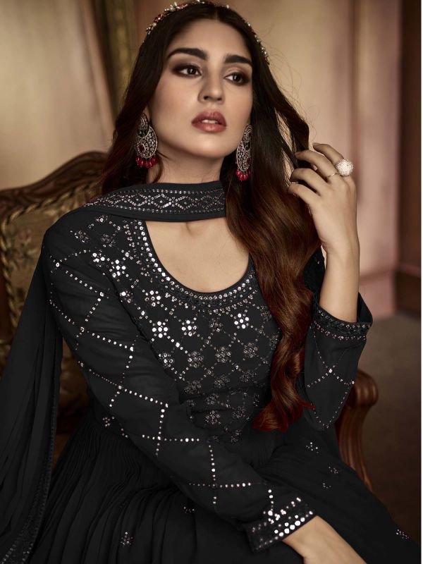Black Sequined Anarkali Suit In Georgette