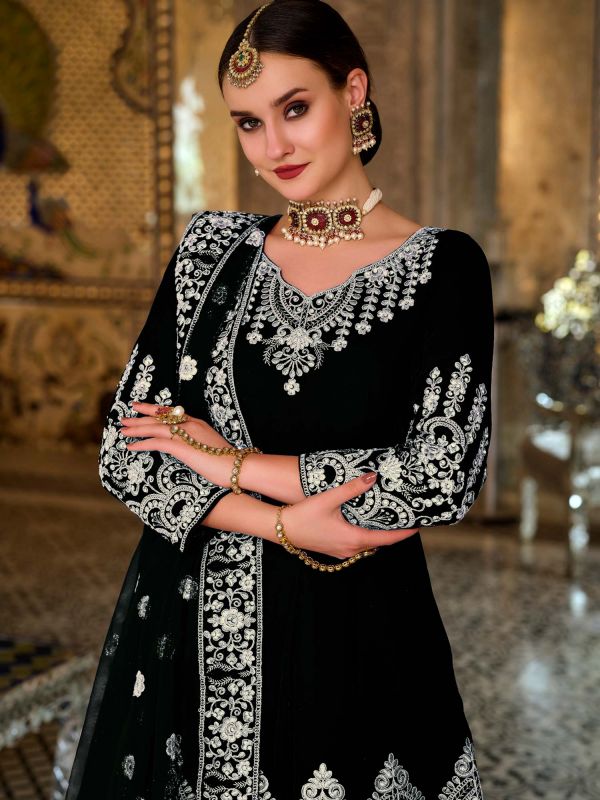 Black Anarkali Velvet Suit With Embroidery