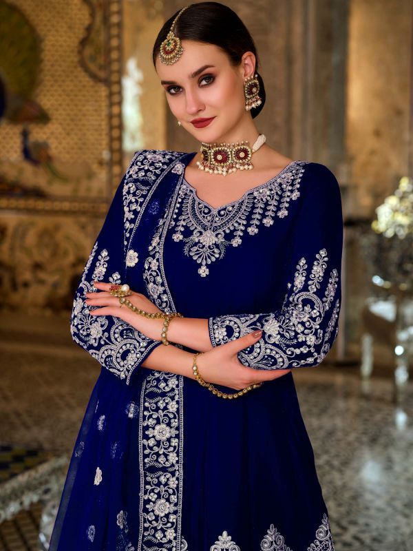 Blue Festive Anarkali Salwar Kameez In Velvet