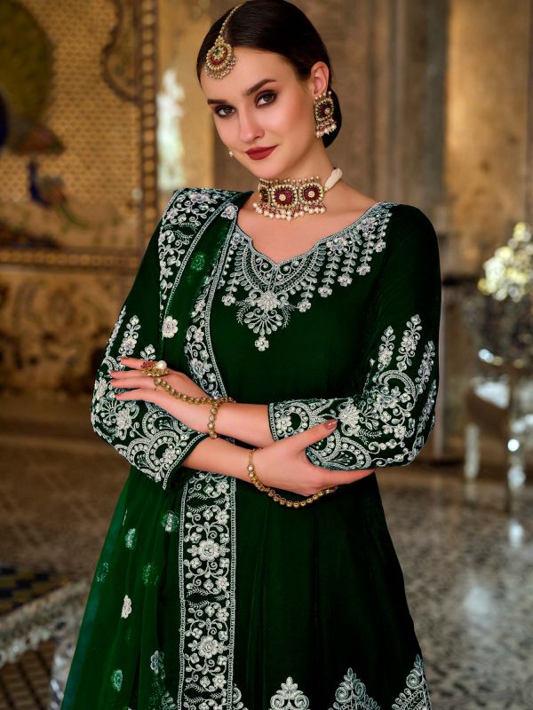 Green Stone Embellished Anarkali Suit In Velvet