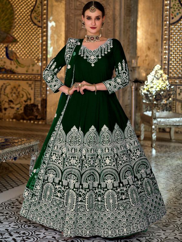 Green Stone Embellished Anarkali Suit In Velvet