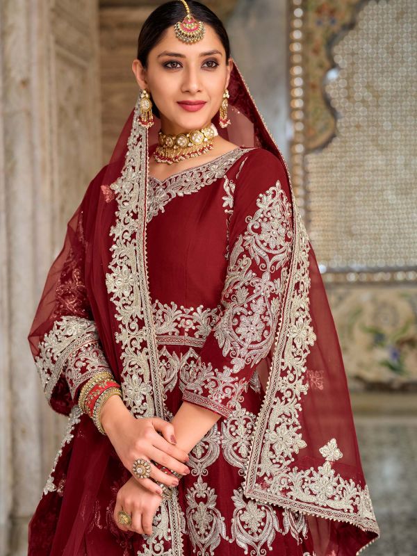 Maroon Zari Embroidered Anarkali Suit With Slit