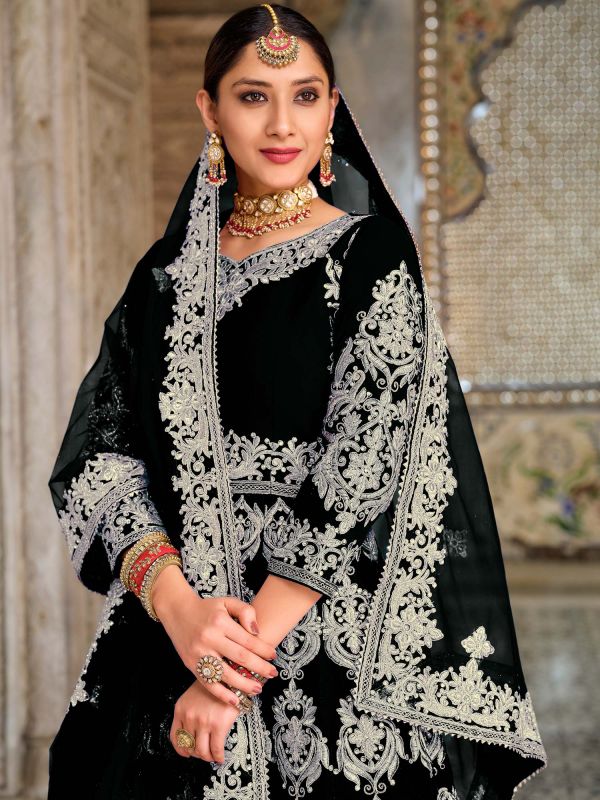 Black Embroidered Slitted Anarkali Suit With Dupatta