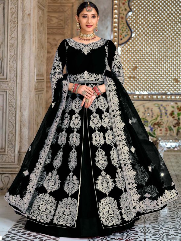 Black Embroidered Slitted Anarkali Suit With Dupatta