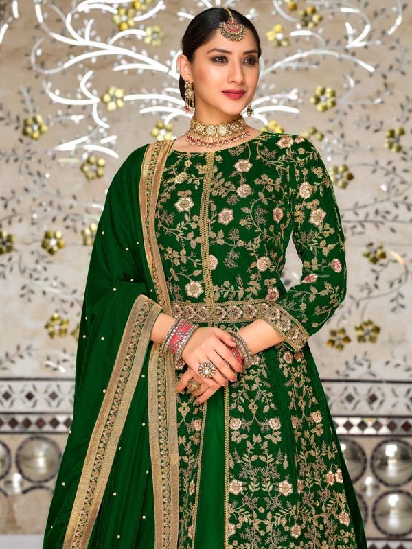 Green Thread Embroidered Slitted Salwar Suit With Dupatta