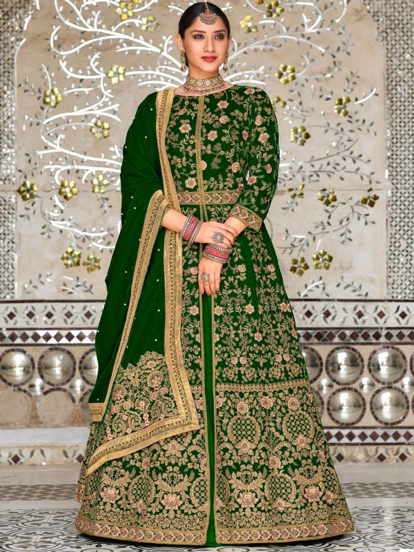 Green Thread Embroidered Slitted Salwar Suit With Dupatta