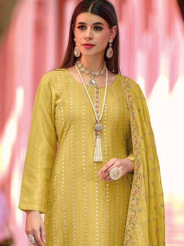 Yellow Sequins Embroidered Straight Cut Party Wear Suit