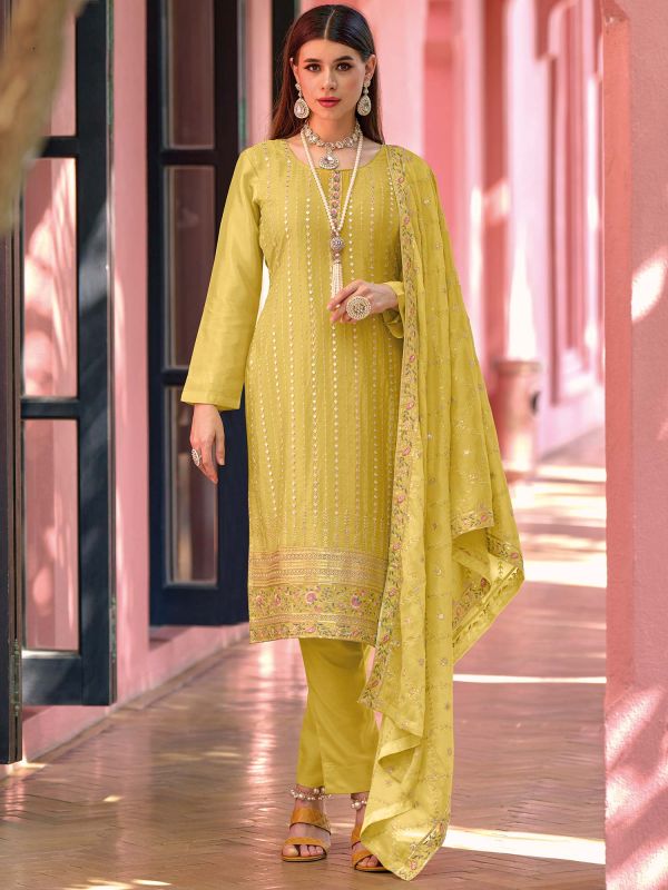 Yellow Sequins Embroidered Straight Cut Party Wear Suit